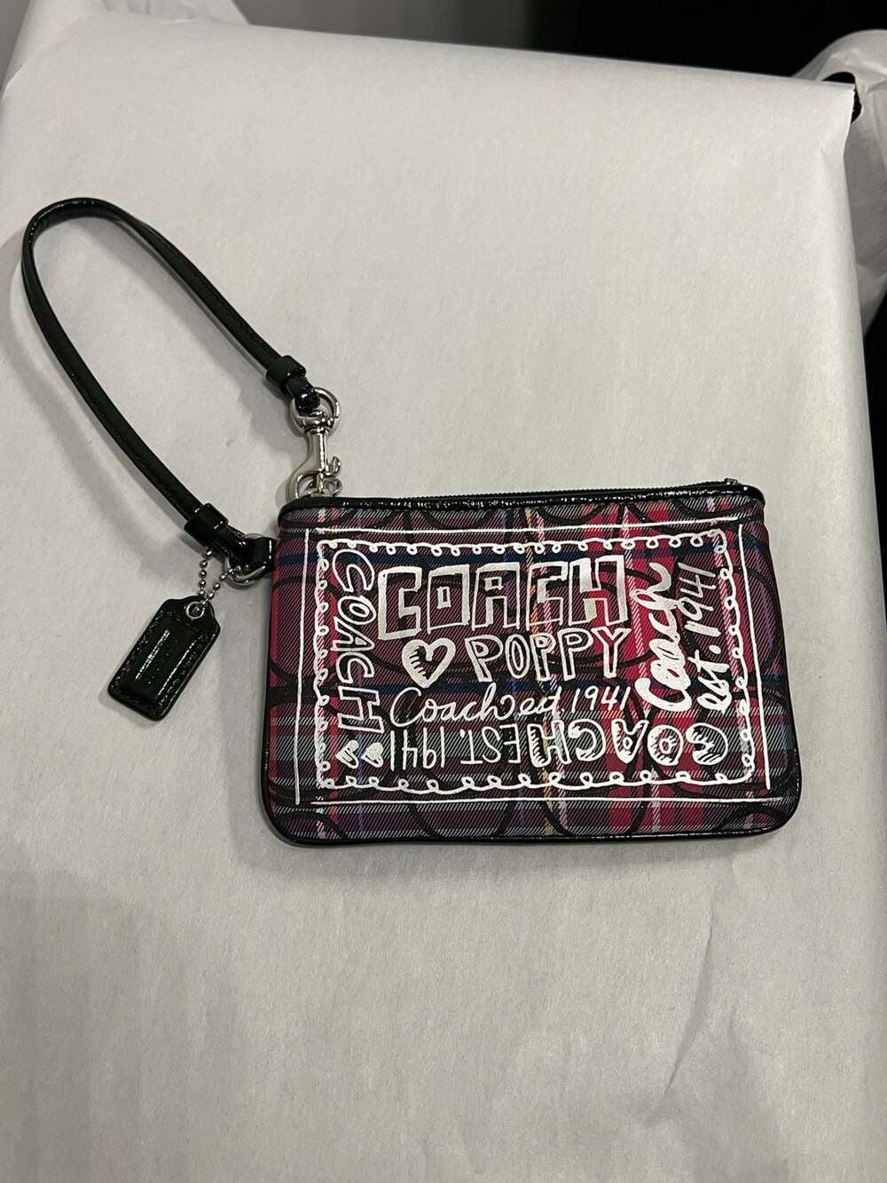 Coach Poppy Tartan Plaid Graffiti Logo Wristlet
